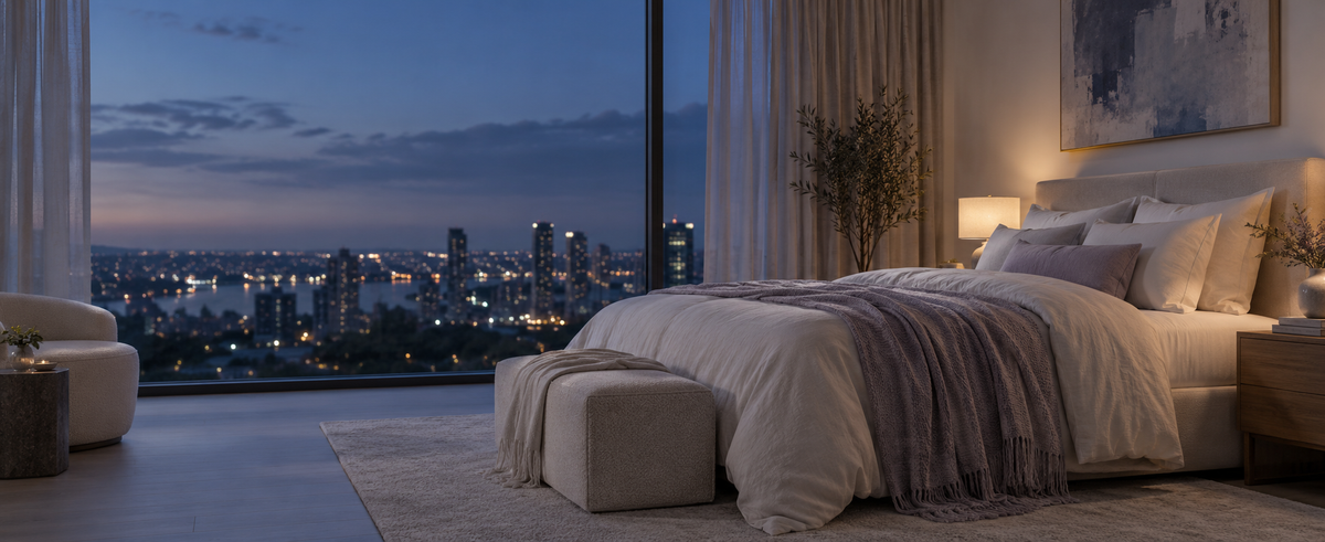 Quiet city bedroom at twilight