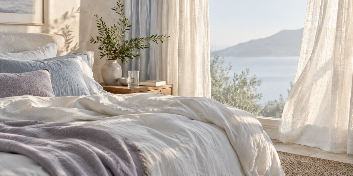 Calm sunlit morning bedroom